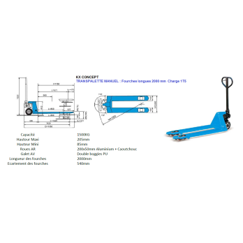 Transpalette Fourches 2000 mm charge 1T5