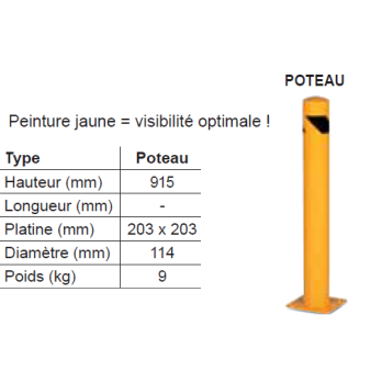 Poteau de protection d'entrepot hauteur 1M diamètre 150 mm jaune