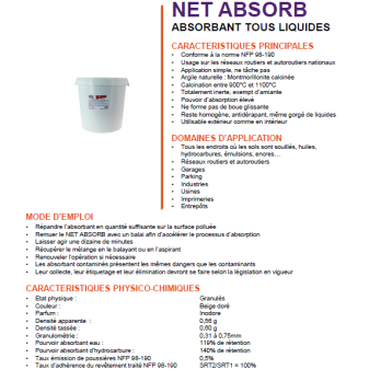 Absorbant usage routier et autoroute NFP98-190 NET Absorbant tous liquides seau de 18 kg à base de montmorillonite calcinée 