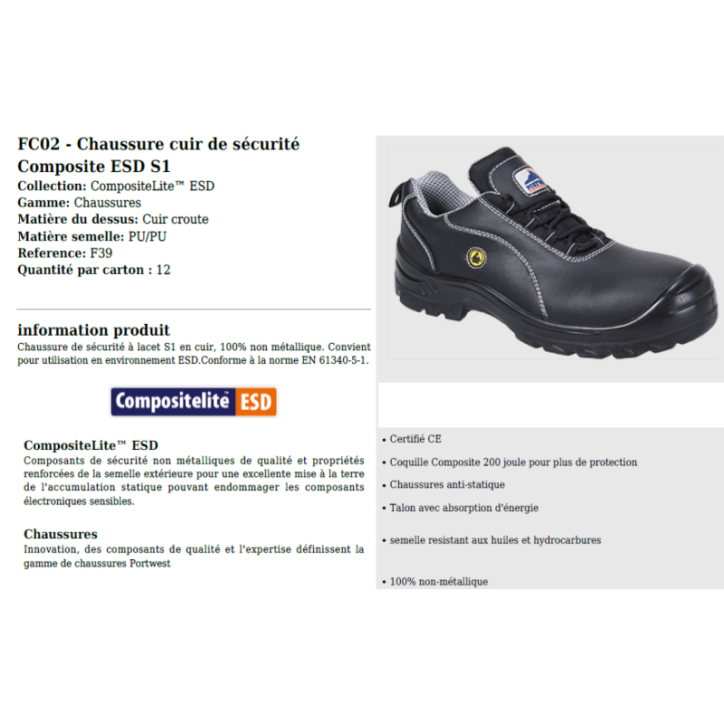 Chaussures de sécurité ESD non métalliques FC02