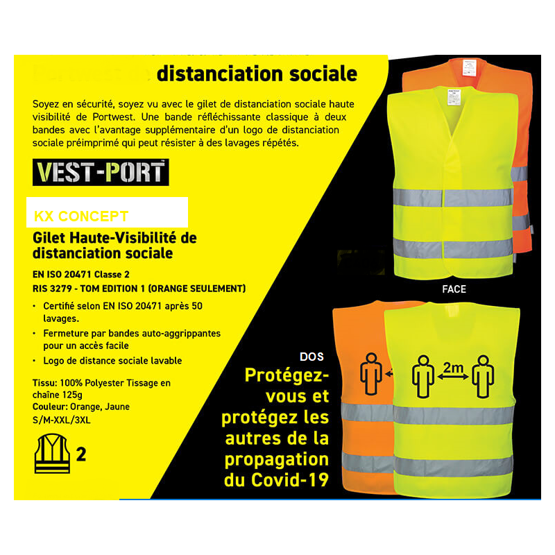 Gilet fluo haute visibilité jaune de DISTANCIATION SOCIALE 2M anti
