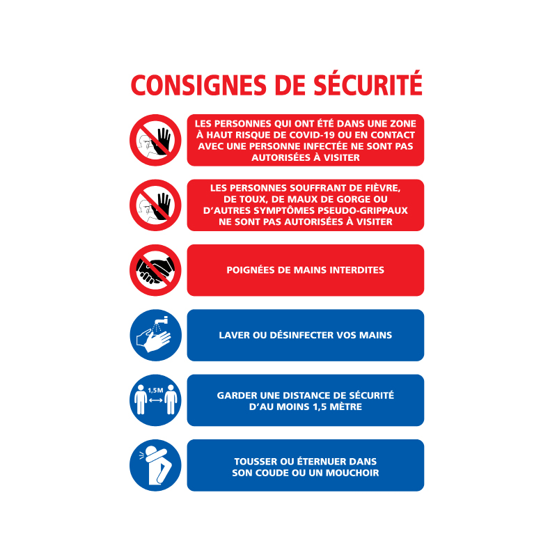 Panneau d'affichage adhésif entreprise CONSIGNES DE SÉCURITÉ anti propagavion COVID19