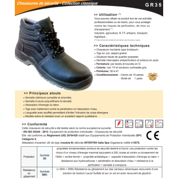 Chaussures de sécurité Hautes cuir Grainé S3 SRC GR35