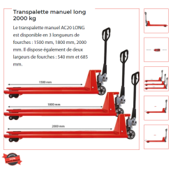 Transpalette MANUEL fourches longues 2000 mm x 685 mm CHARGE  1500 kg