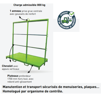 Chariot porte panneaux menuiserie avec crochet de levage charge 800 kg