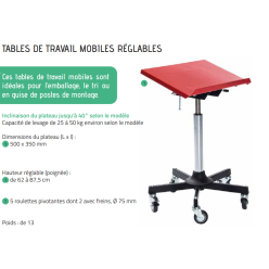 TABLE DE TRAVAIL MOBILE REGLABLE charge 100 kg