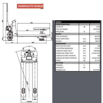 Transpalette peseur avec système de pesage intégré précision +/- 0.5% CAPACITE 2500KG