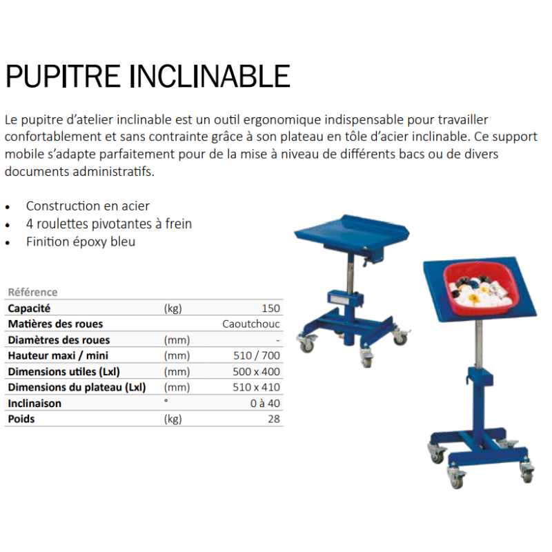 Pupitre d'atelier inclinable à roulettes plateau 510x410 mm Pupitre d'atelier inclinable à roulettes plateau 510x410 mm