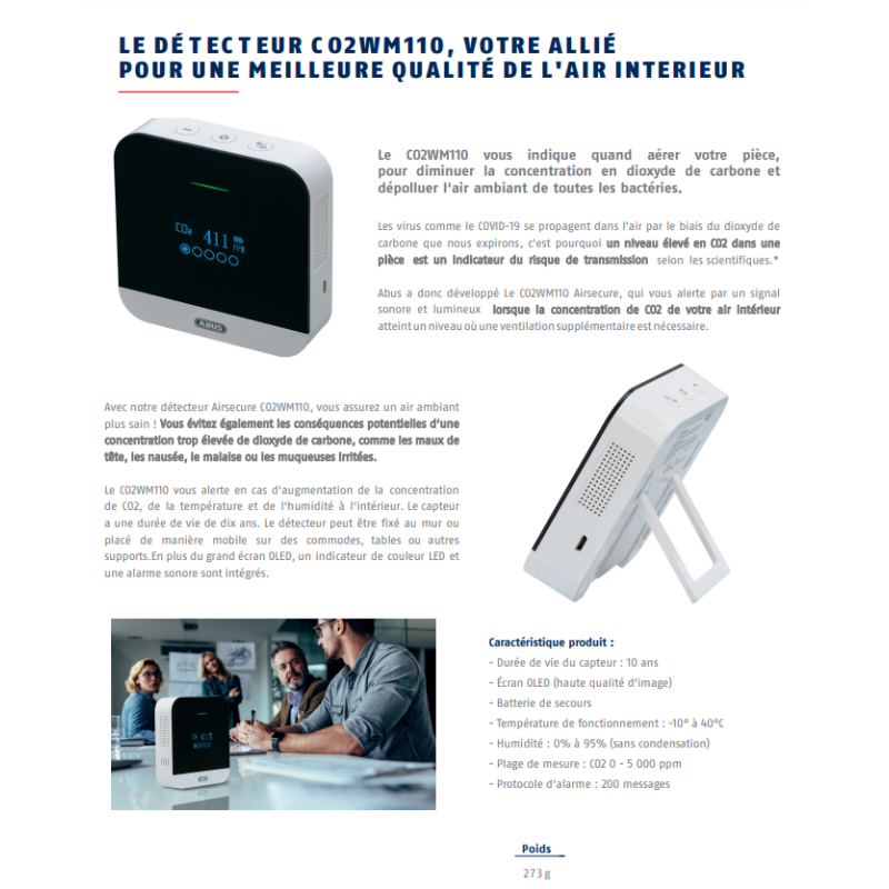 Détecteur de CO2 dioxyde de carbone CO2 de température et d'humidité AIRSECURE à LEDS MARQUE ABUS Détecteur de CO2 dioxyde de carbone CO2 de température et d'humidité AIRSECURE à LEDS MARQUE ABUS