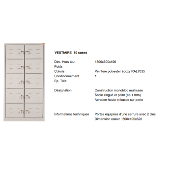 VESTIAIRE 10 CASES  MONOBLOC MULTICASE 1800X600X490