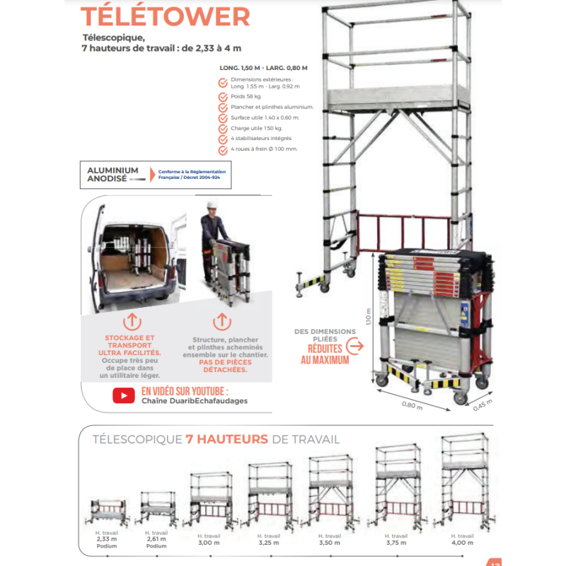 échafaudage TELETOWER télescopique roulant aluminium 7 hauteurs